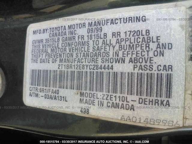 2T1BR12E8YC284444 - 2000 TOYOTA COROLLA VE/CE/LE 绿色 照片 9