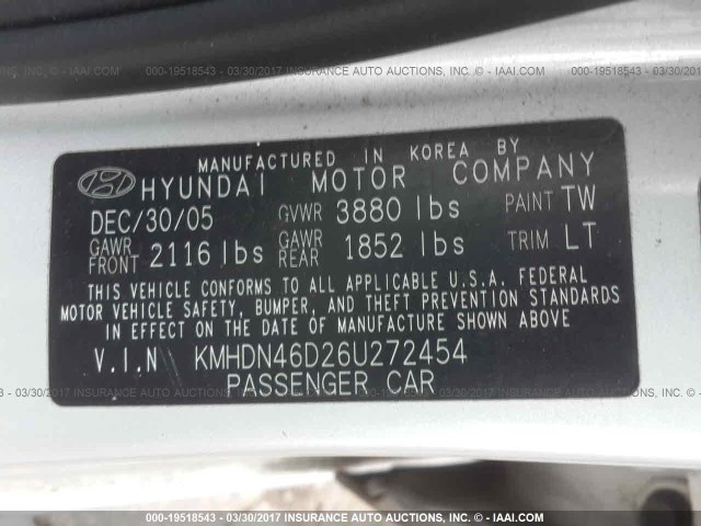 KMHDN46D26U272454 - 2006 HYUNDAI ELANTRA GLS/GT/LIMITED SILVER photo 9