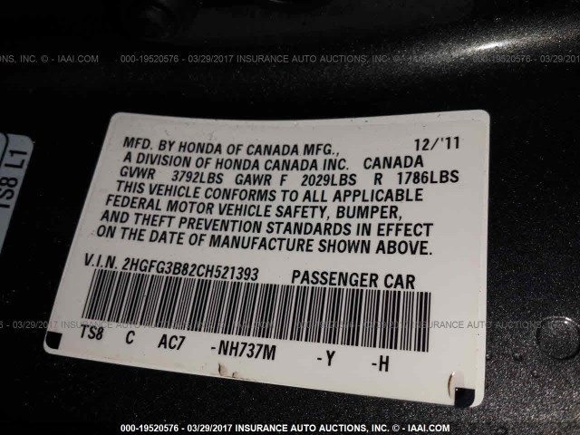 2HGFG3B82CH521393 - 2012 HONDA CIVIC EX Gris foto 9