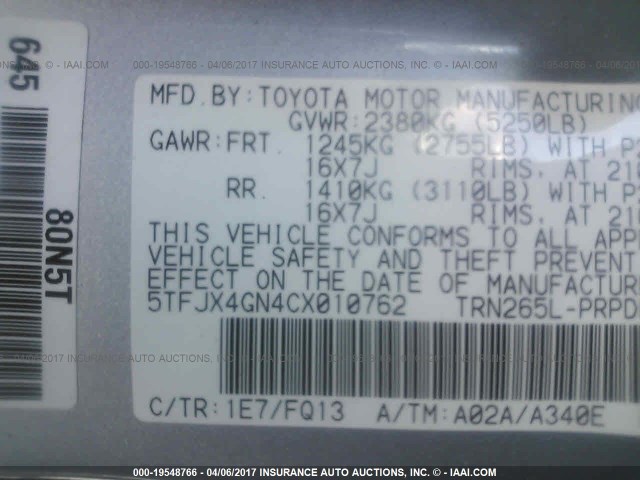 5TFJX4GN4CX010762 - 2012 TOYOTA TACOMA DOUBLE CAB SILVER photo 9