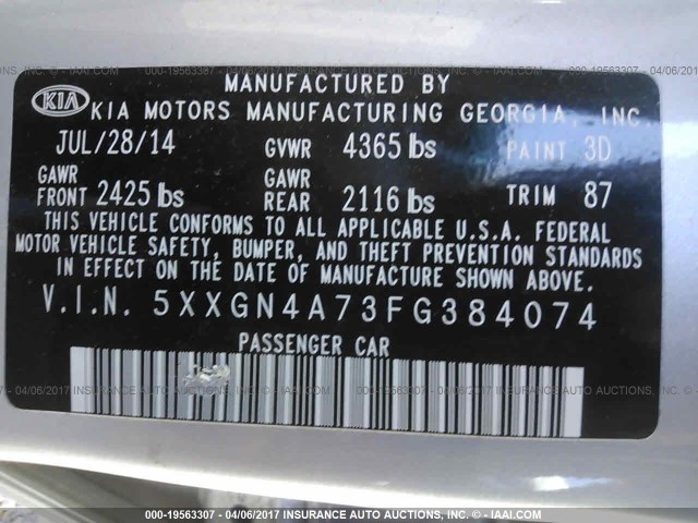 5XXGN4A73FG384074 - 2015 KIA OPTIMA EX SILVER photo 9