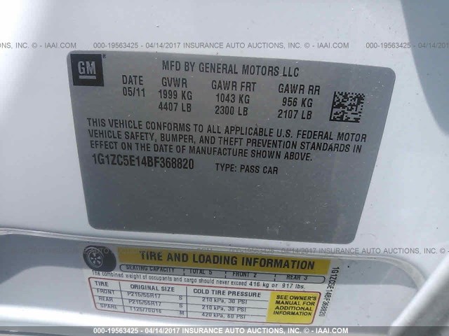 1G1ZC5E14BF368820 - 2011 CHEVROLET MALIBU 1LT 白色 照片 9