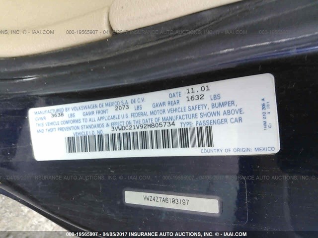 3VWDC21V92M805734 - 2002 VOLKSWAGEN CABRIO GLX PURPLE photo 9