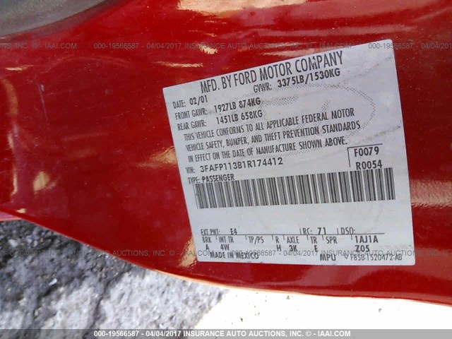 3FAFP11381R174412 - 2001 FORD ESCORT ZX2 RED photo 9