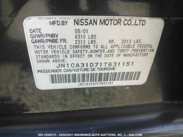 JN1CA31D71T631151 - 2001 NISSAN MAXIMA GXE/SE/GLE/20TH ANNIV GRAY photo 9