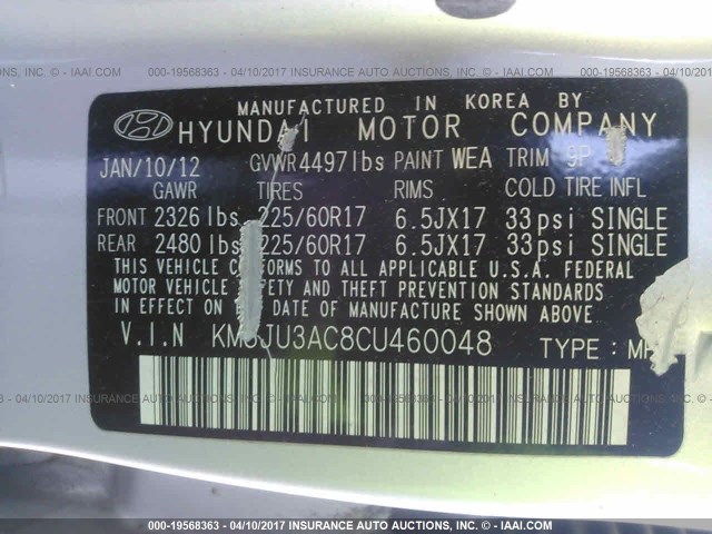 KM8JU3AC8CU460048 - 2012 HYUNDAI TUCSON GLS/LIMITED SILVER photo 9