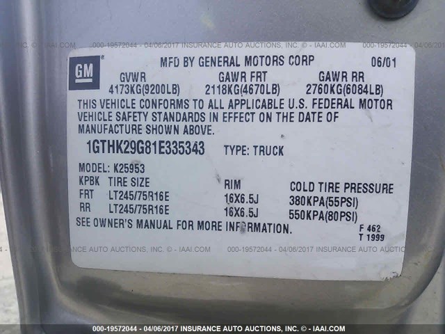 1GTHK29G81E335343 - 2001 GMC SIERRA K2500 HEAVY DUTY BEIGE photo 9