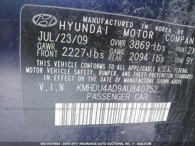 KMHDU4AD9AU840752 - 2010 HYUNDAI ELANTRA BLUE/GLS/SE BLUE photo 9