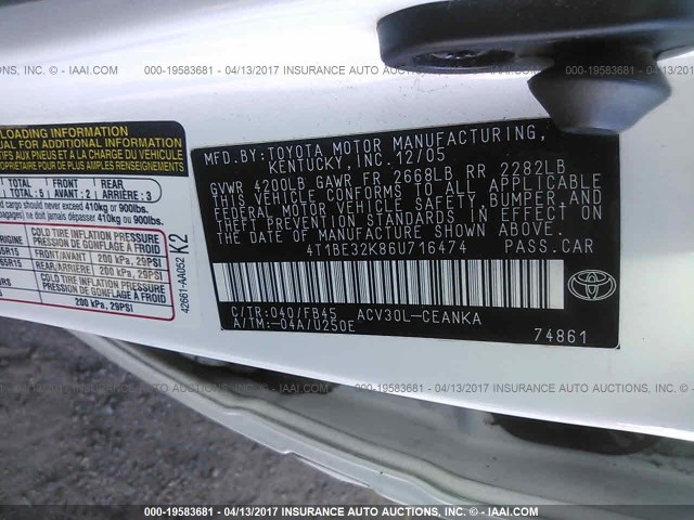 4T1BE32K86U716474 - 2006 TOYOTA CAMRY LE/XLE/SE თეთრი ფოტო 9