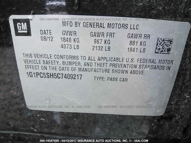 1G1PC5SH5C7409217 - 2012 CHEVROLET CRUZE LS BLACK photo 9