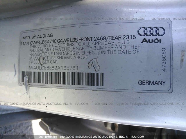 WAULC68E82A165781 - 2002 AUDI A4 1.8T QUATTRO SILVER photo 9