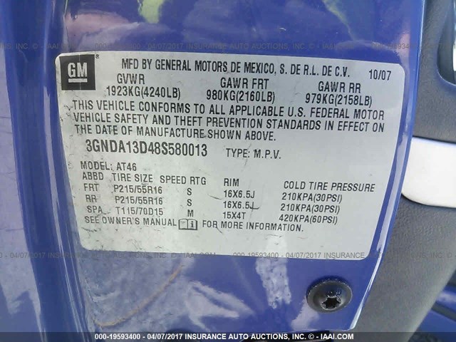 3GNDA13D48S580013 - 2008 CHEVROLET HHR LS BLUE photo 9