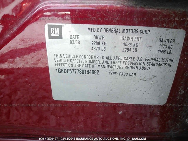 1G6DF577780184092 - 2008 CADILLAC CTS RED photo 9