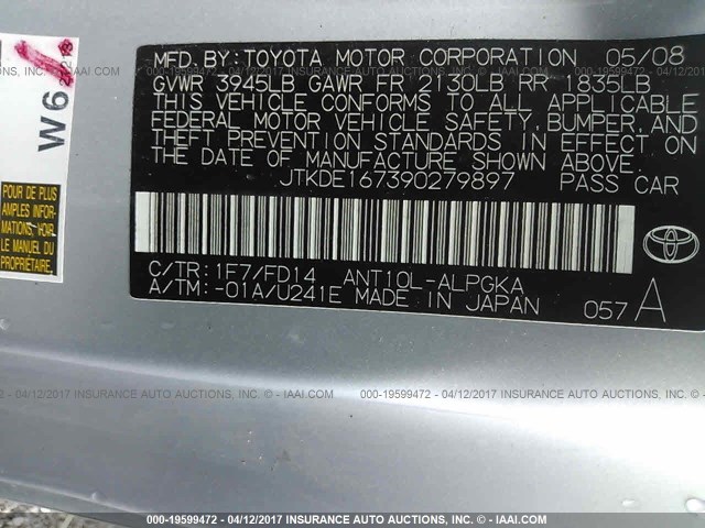 JTKDE167390279897 - 2009 TOYOTA SCION TC 灰色 照片 9