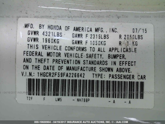1HGCR2F59FA226642 - 2015 HONDA ACCORD SPORT 白色 照片 9