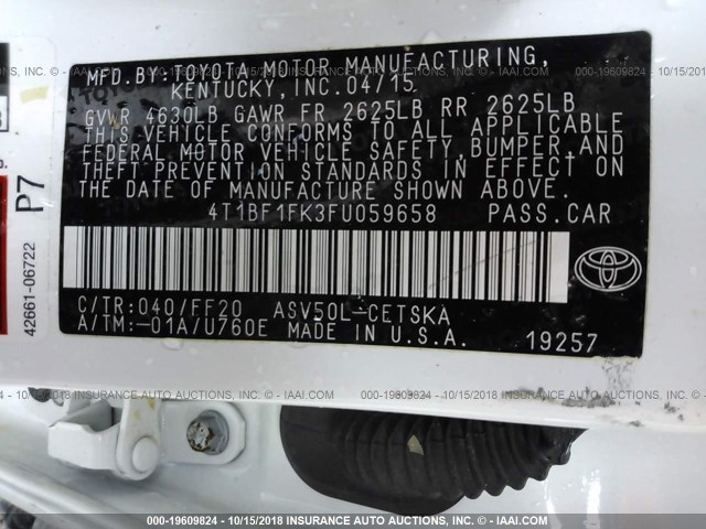 4T1BF1FK3FU059658 - 2015 TOYOTA CAMRY LE/XLE/SE/XSE 白色 照片 9