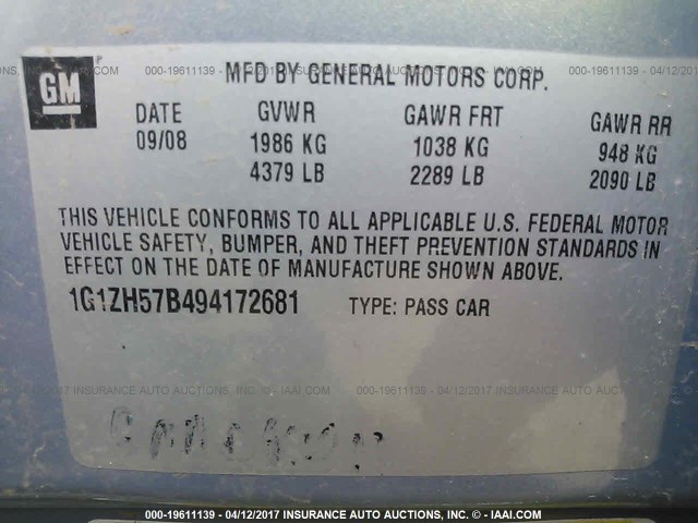 1G1ZH57B494172681 - 2009 CHEVROLET MALIBU 1LT 浅蓝色 照片 9