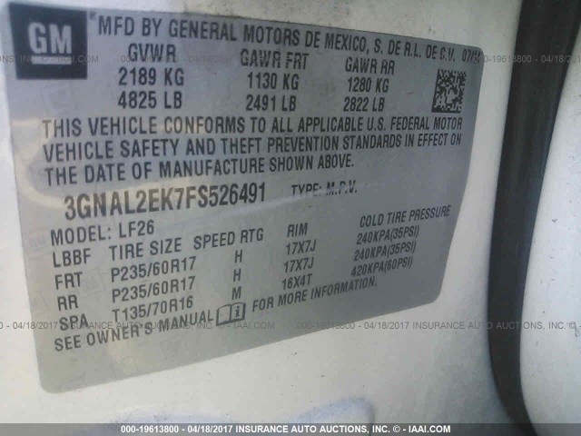 3GNAL2EK7FS526491 - 2015 CHEVROLET CAPTIVA LS 白色 照片 9