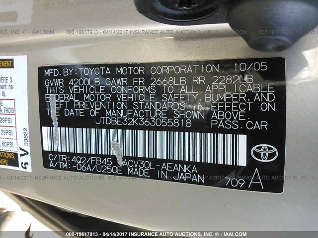 JTDBE32K363055818 - 2006 TOYOTA CAMRY LE/XLE GOLD photo 9