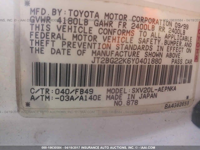 JT2BG22K6Y0401880 - 2000 TOYOTA CAMRY CE/LE/XLE თეთრი ფოტო 9