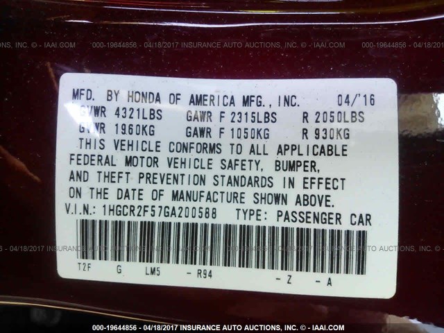 1HGCR2F57GA200588 - 2016 HONDA ACCORD SPORT წითელი ფოტო 9