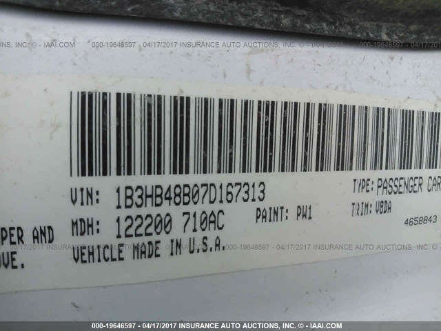 1B3HB48B07D167313 - 2007 DODGE CALIBER SXT WHITE photo 9