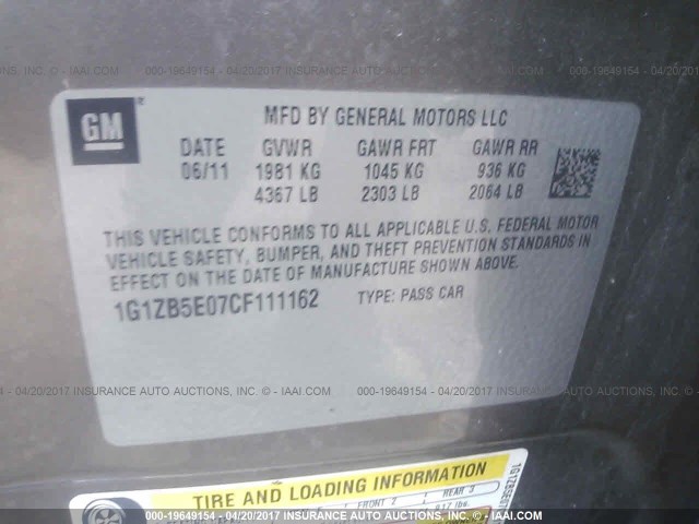 1G1ZB5E07CF111162 - 2012 CHEVROLET MALIBU LS 棕色 照片 9