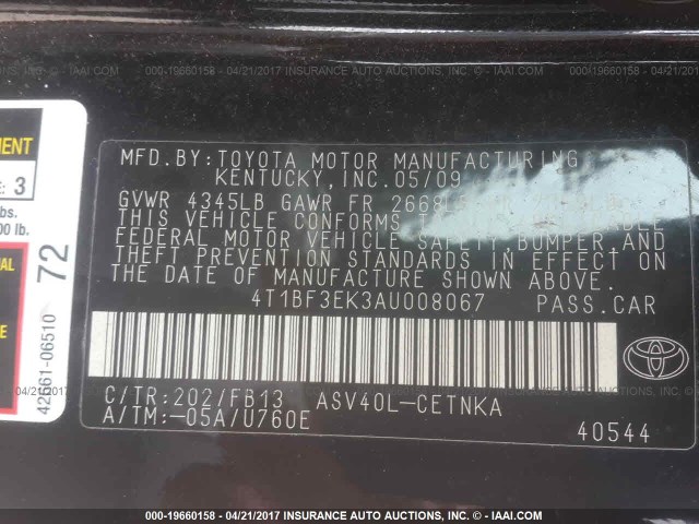 4T1BF3EK3AU008067 - 2010 TOYOTA CAMRY SE/LE/XLE BLACK photo 9