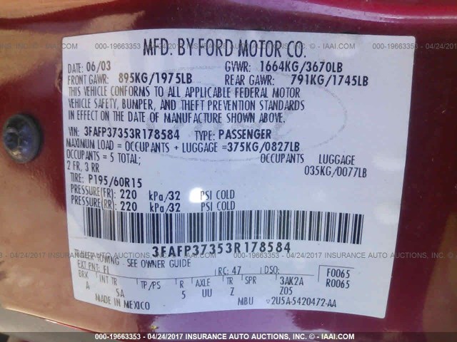 3FAFP37353R178584 - 2003 FORD FOCUS ZX5 RED photo 9