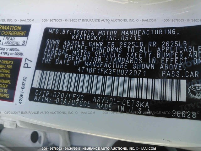 4T1BF1FK3FU072071 - 2015 TOYOTA CAMRY LE/XLE/SE/XSE WHITE photo 9