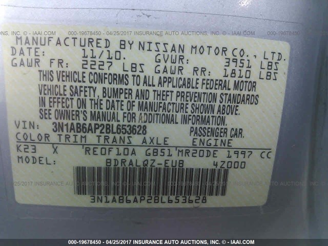 3N1AB6AP2BL653628 - 2011 NISSAN SENTRA 2.0/2.0S/SR/2.0SL SILVER photo 9