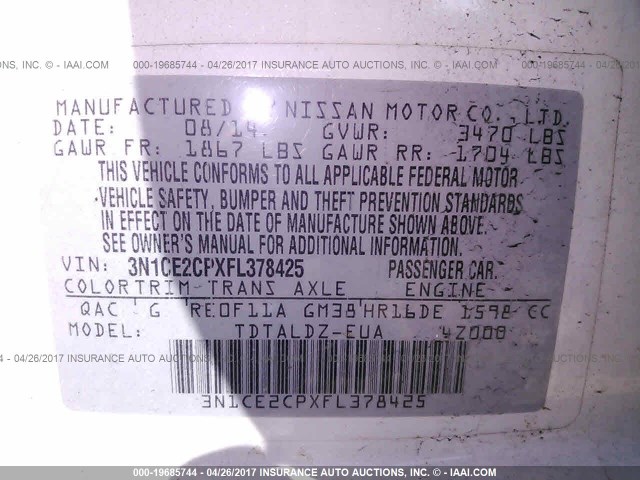 3N1CE2CPXFL378425 - 2015 NISSAN VERSA NOTE S/S PLUS/SV/SL/SR WHITE photo 9