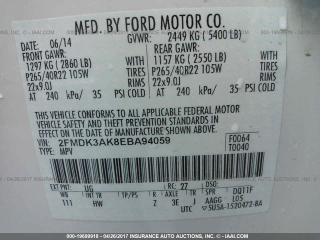 2FMDK3AK8EBA94059 - 2014 FORD EDGE SPORT WHITE photo 9