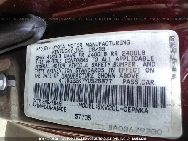 4T1BG22K7YU926877 - 2000 TOYOTA CAMRY CE/LE/XLE BURGUNDY photo 9