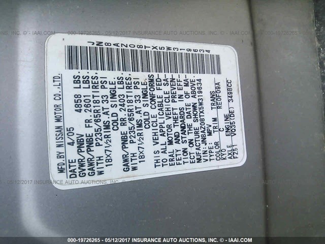 JN8AZ08TX5W319634 - 2005 NISSAN MURANO SL/SE/S SILVER photo 9