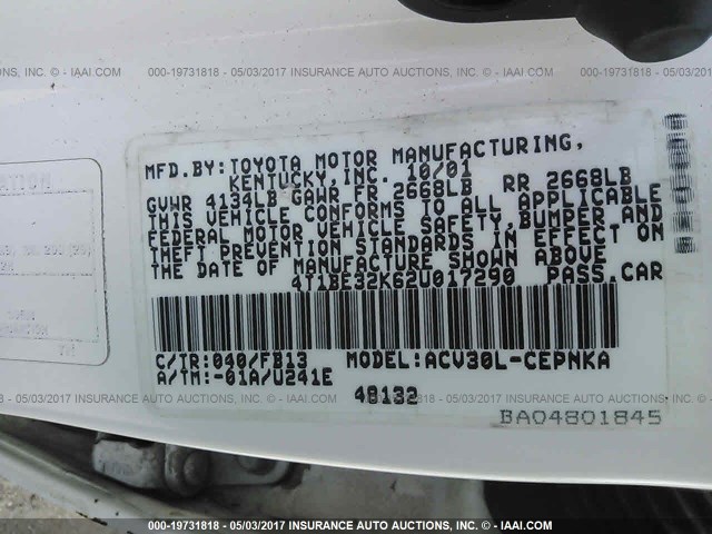 4T1BE32K62U017290 - 2002 TOYOTA CAMRY LE/XLE/SE თეთრი ფოტო 9