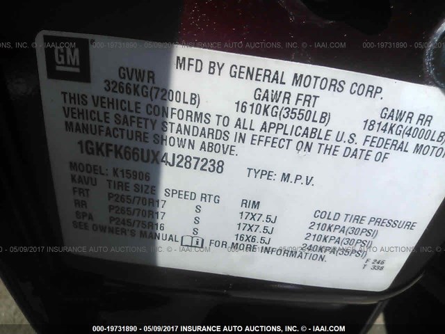 1GKFK66UX4J287238 - 2004 GMC YUKON XL DENALI RED photo 9