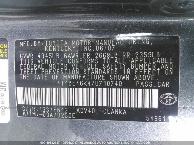 4T1BE46K47U710740 - 2007 TOYOTA CAMRY NEW GENERAT CE/LE/XLE/SE GRAY photo 9