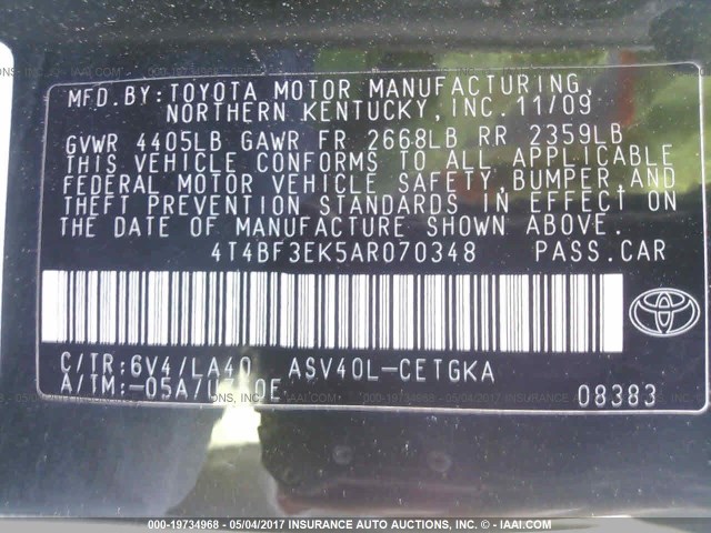 4T4BF3EK5AR070348 - 2010 TOYOTA CAMRY SE/LE/XLE 绿色 照片 9