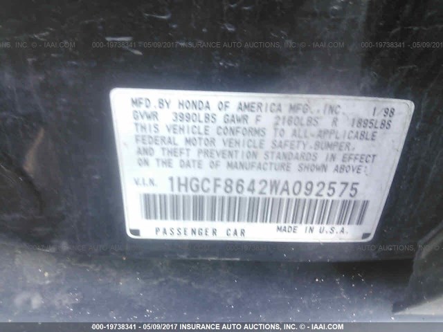 1HGCF8642WA092575 - 1998 HONDA ACCORD DX BLACK photo 9