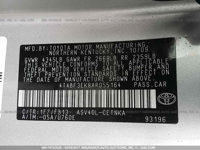 4T4BF3EK8AR055164 - 2010 TOYOTA CAMRY SE/LE/XLE SILVER photo 9