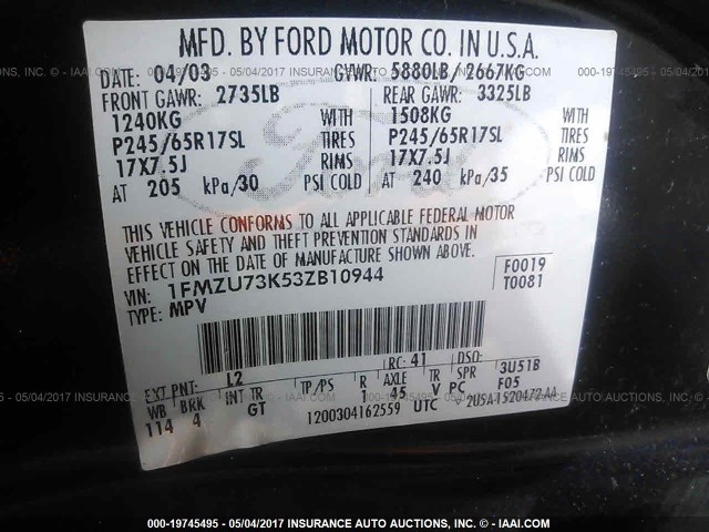 1FMZU73K53ZB10944 - 2003 FORD EXPLORER XLT/XLT SPORT/NBX 蓝色 照片 9