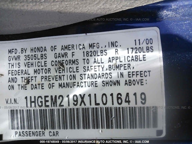 1HGEM219X1L016419 - 2001 HONDA CIVIC SI/EX BLUE photo 9