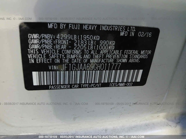 JF1GJAA69GH011777 - 2016 SUBARU IMPREZA WHITE photo 9