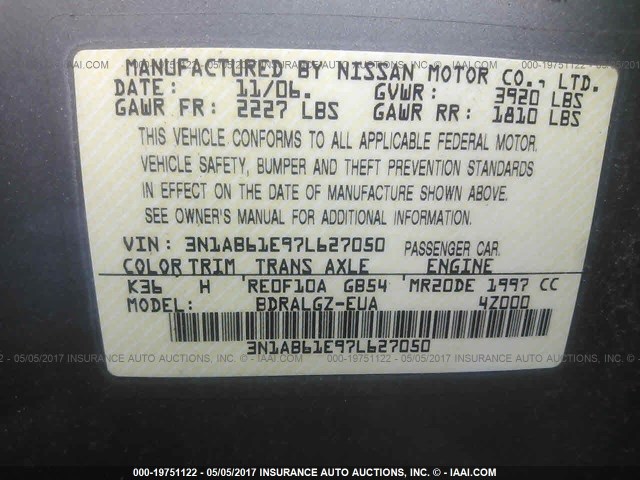 3N1AB61E97L627050 - 2007 NISSAN SENTRA 2.0/2.0S/2.0SL GRAY photo 9