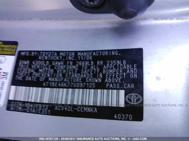 4T1BE46K77U097125 - 2007 TOYOTA CAMRY NEW GENERAT CE/LE/XLE/SE SILVER photo 9