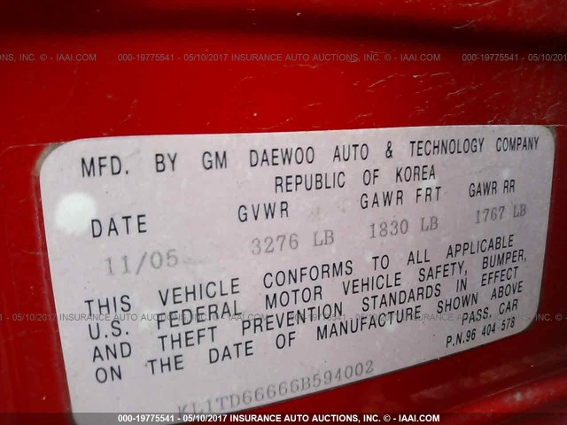KL1TD66666B594002 - 2006 CHEVROLET AVEO LS RED photo 9