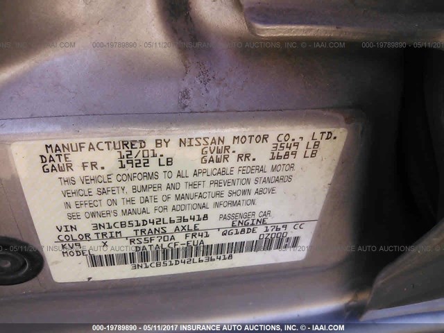 3N1CB51D42L636418 - 2002 NISSAN SENTRA XE/GXE GOLD photo 9