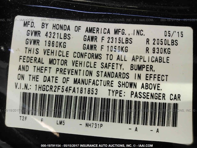 1HGCR2F54FA181853 - 2015 HONDA ACCORD SPORT 黑色 照片 9