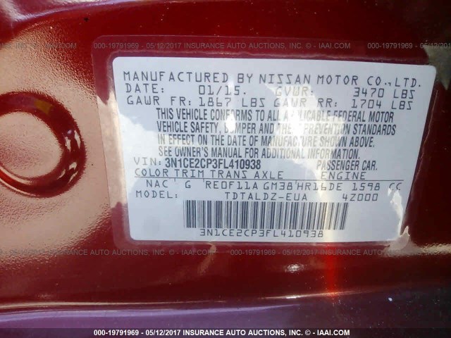 3N1CE2CP3FL410938 - 2015 NISSAN VERSA NOTE S/S PLUS/SV/SL/SR RED photo 9